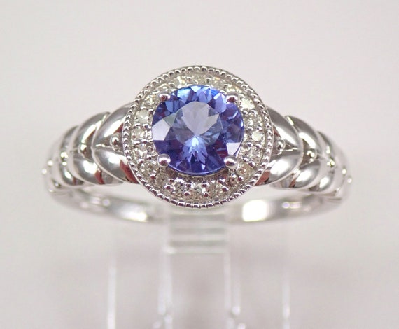 Tanzanite and Diamond Halo Ring - 14K White Gold Chevron Setting - December Birthstone Fine Jewelry Gift