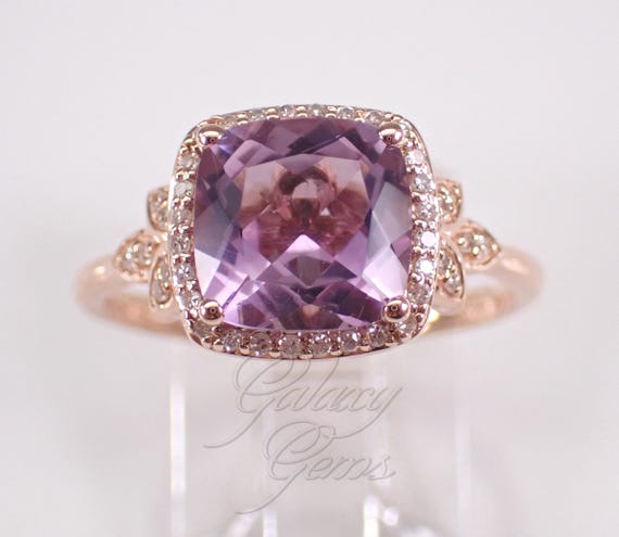 Rose Gold Amethyst and Diamond Ring: Dainty Halo Engagement Setting