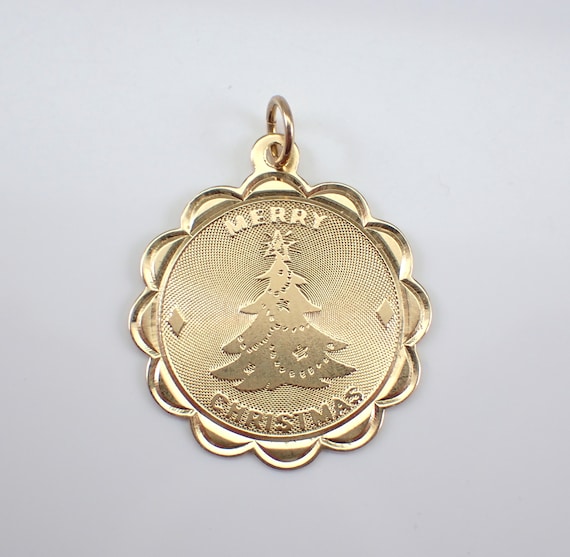 Vintage 14K Yellow Gold MERRY CHRISTMAS Charm - Estate Round Disk Pendant for Bracelet or Necklace