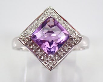 14K White Gold Amethyst and Diamond Ring - Square Gemstone Halo Engagement Setting