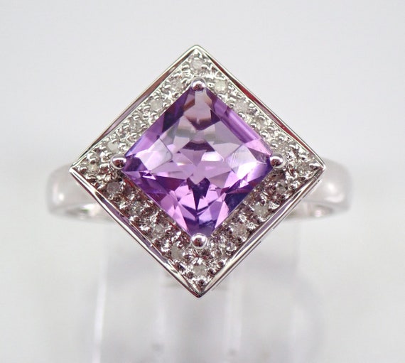 Princess Cut Amethyst Engagement Ring - Square Diamond Halo Setting - 14K White Gold February Birthstone Jewelry