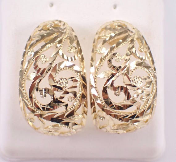 Vintage 14K Yellow Gold Earrings - Unique Filigree Half Hoop Stud Drops