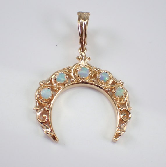 Vintage Opal Crescent Enhancer Pendant -  14k Yellow Gold Celestial Gemstone Slide  - October Birthstone Horseshoe Charm