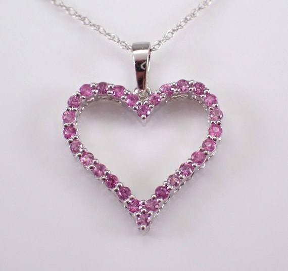 Pink Sapphire Heart Pendant Necklace - White Gold Simple Gemstone Charm - Dainty Choker Chain Drop Gift