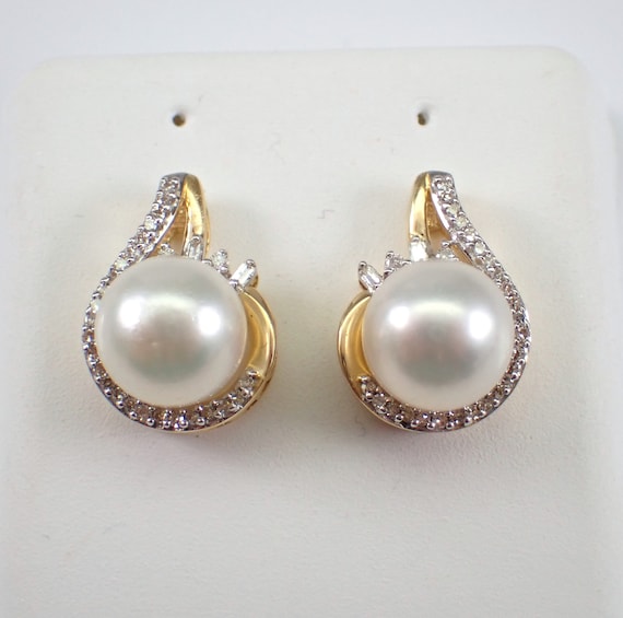 14K Yellow Gold Pearl and Diamond Earrings - June Birthstone Fine Jewelry Gift - Unique Teardrop Stud Setting