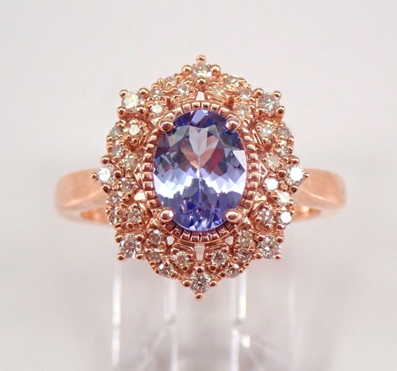 Genuine Tanzanite Engagement Ring - Solid Rose Gold Bridal Jewelry - Natural Diamond Halo Setting - Unique Snowflake Design