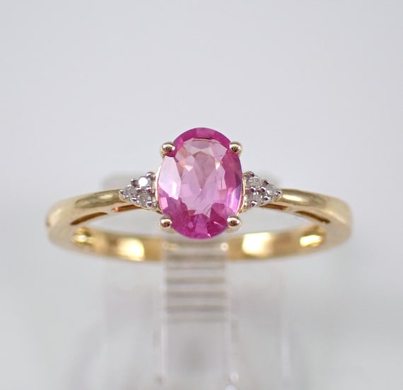 Genuine Pink Sapphire Engagement Ring - Solid Yellow Gold Gemstone and Diamond Fine Jewelry - Dainty Petite Promise Ring