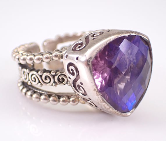 Vintage Sajen Sterling Silver Ring - Large Gemstone Adjustable Band - Estate Rainbow Mystic Topaz Jewelry