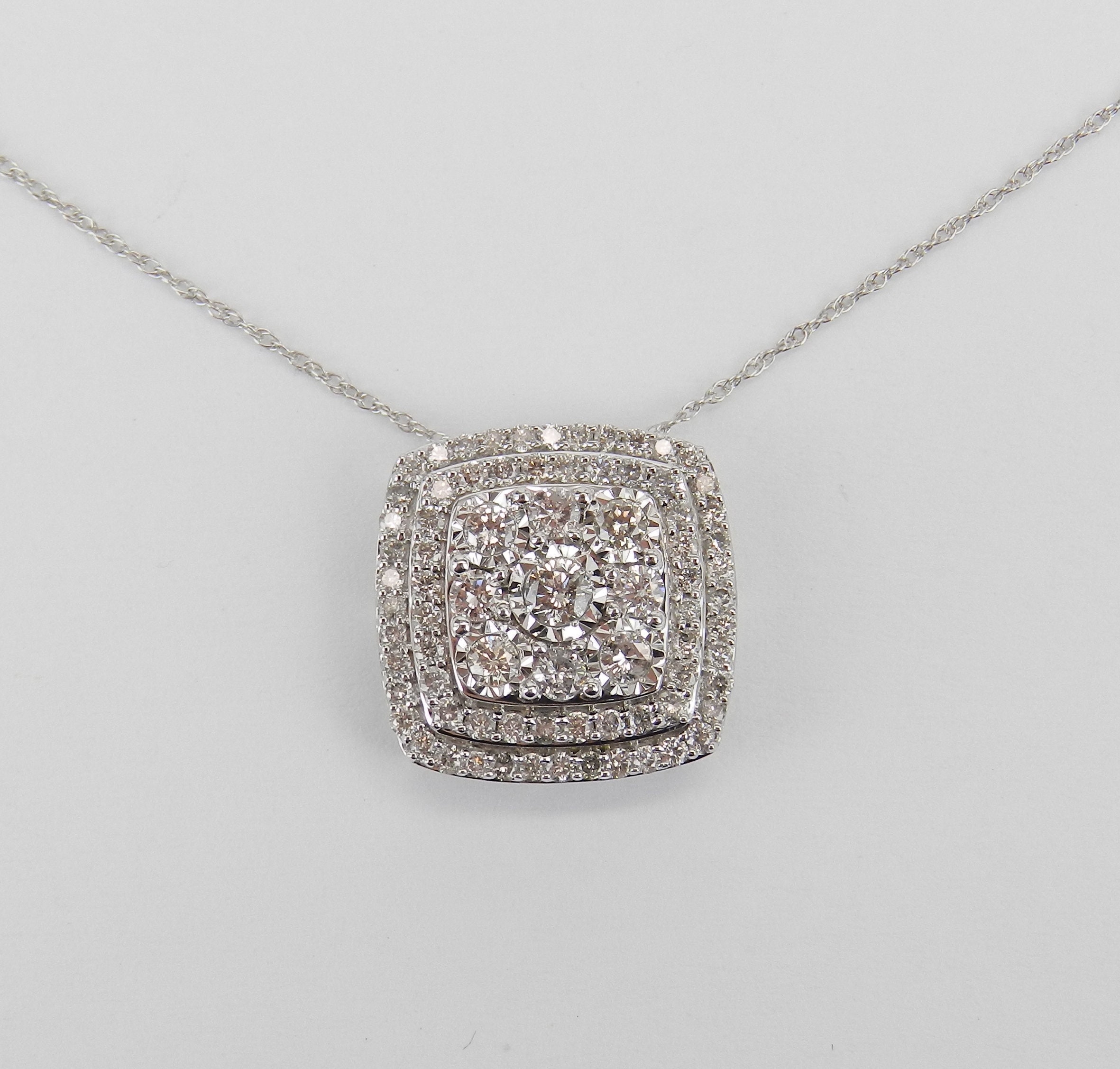 White Gold 1.00 ct Diamond Cushion Cut Cluster Pendant Wedding Necklace ...