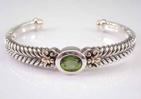Sterling Silver and 18K Gold Bangle Bracelet - Lorenzo Peridot Gemstone Jewelry - Unique Vintage Braided Cuff