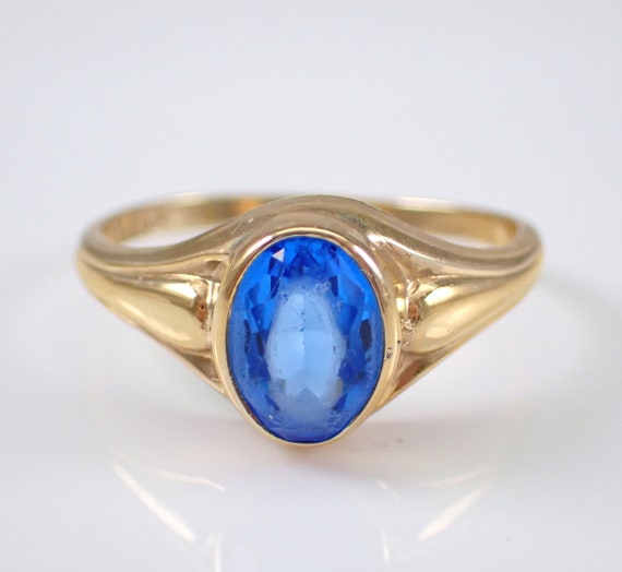 Antique Blue Gemstone Signet Ring, Vintage Yellow Gold Solitaire Ring, Oval Promise Engagement Ring - Pinky Ring