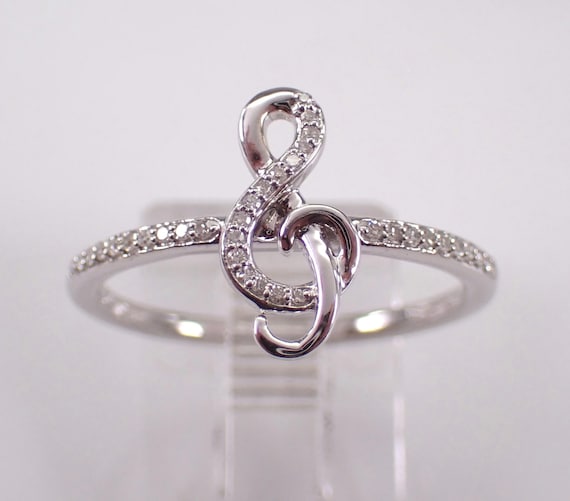 White Gold Diamond Music Clef Ring - Unique Stackable Fine Jewelry Gift - Dainty Treble Symbol Right Hand Band