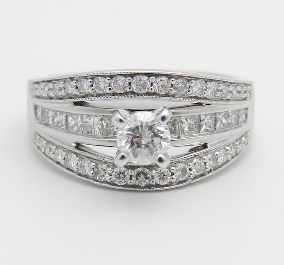 14K White Gold Diamond Engagement Ring - Multi Row Wide Statement Setting - Bridal Promise Fine Jewelry Gift