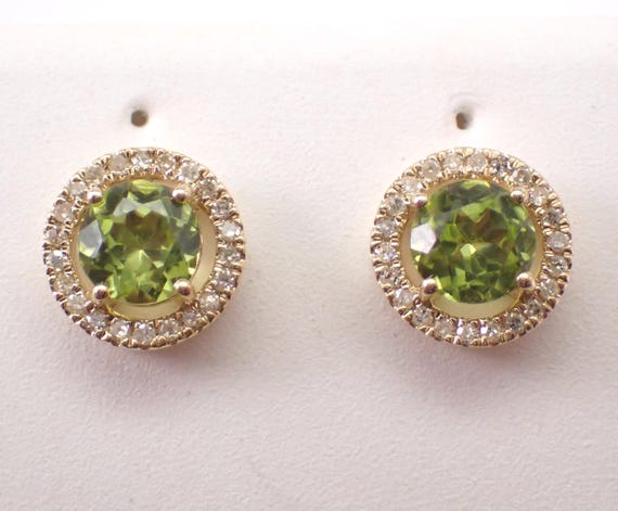 Yellow Gold Peridot and Diamond Stud Earrings: August Birthstone Gemstone Studs