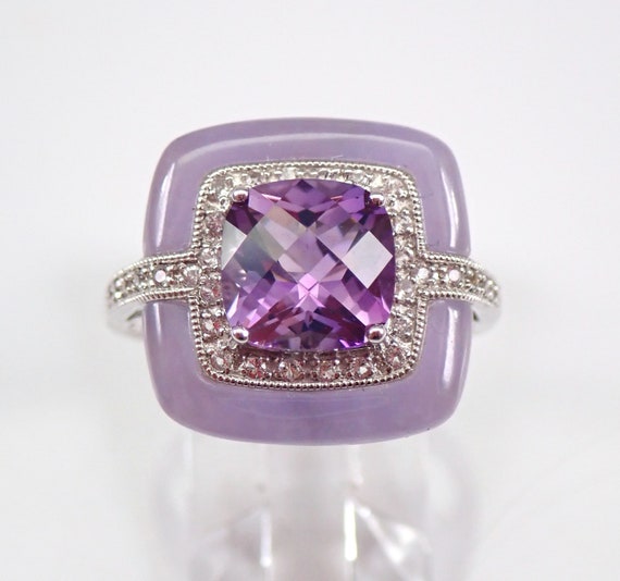 Unique Cushion Cut Amethyst Ring - 14K Gold White Sapphire Halo Ring - February Gemstone Fine Jewelry