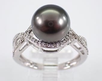 Black Tahitian Pearl and Diamond Ring - 14K White Gold Bridal Engagement Gift - June Birthstone Fine Jewelry