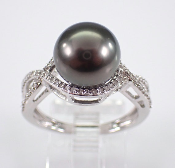 Black Tahitian Pearl and Diamond Ring - 14K White Gold Bridal Engagement Gift - June Birthstone Fine Jewelry