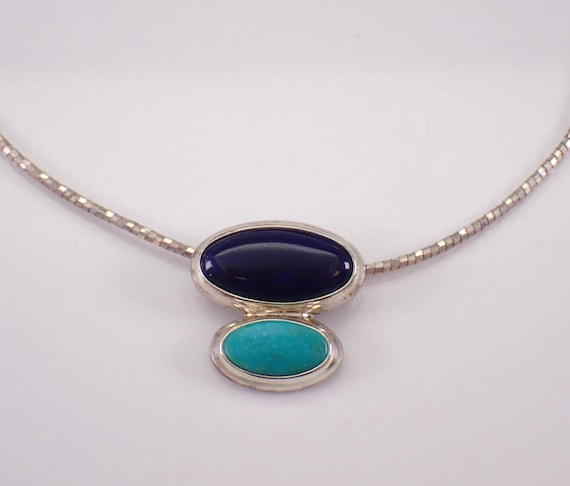 Vintage Turquoise and Lapis Necklace -  Unique Sterling Silver Pendant Choker, Estate Gemstone Omega Wire Jewelry Gift