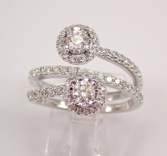 14K White Gold Diamond Ring - Crossover Bypass Multi Row Band - Unique Bridal Fine Jewelry Gift