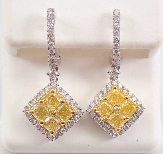 2.94ct Cushion Cut CANARY Diamond Earrings - 14K White Gold Yellow Dangle Diamonds - Unique Fine Jewelry Gift