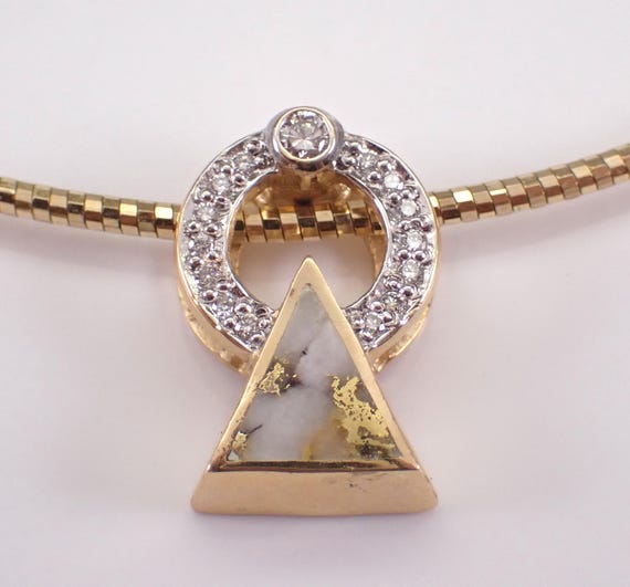 14K Gold Bearing Quartz and Diamond Necklace - Vintage Estate Alaskan Pendant Charm Slide - Omega Chain Wire Choker Jewelry Gift