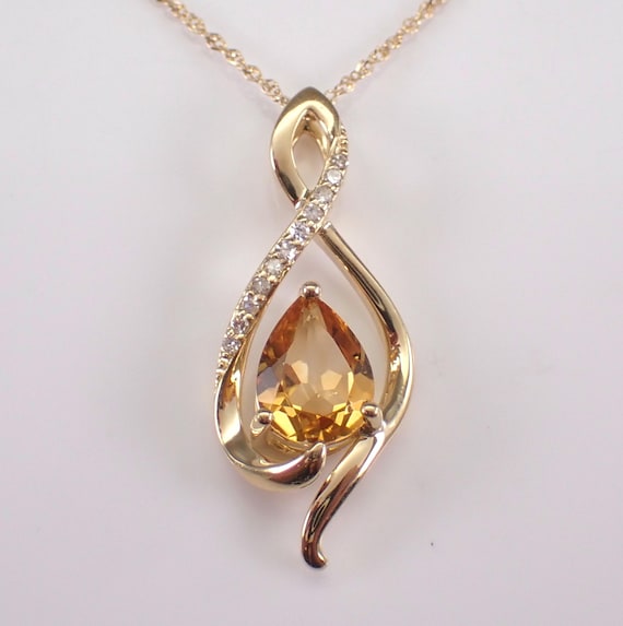Yellow Gold Citrine Teardrop Necklace: Diamond Charm Pendant and Chain Slide