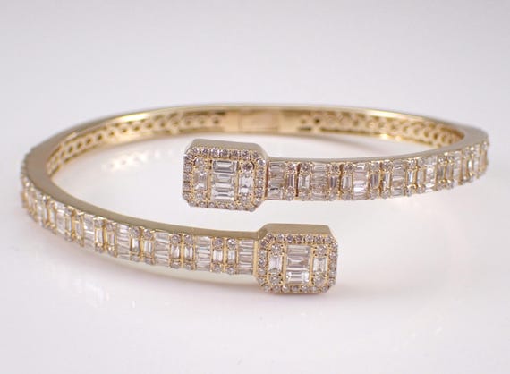 18K Yellow Gold Diamond Bangle Bracelet: Baguette Cluster Bypass Statement Cuff