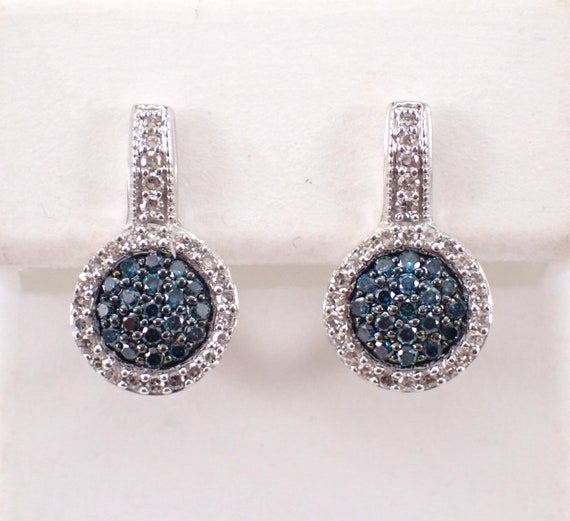 Fancy Blue Diamond Earrings - White Gold Halo Cluster Drops - Bridal Fine Jewelry Gift