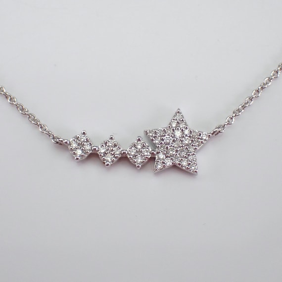 Unique Diamond Star Charm Pendant - 14K White Gold Station Necklace and Chain - Pentagram Celestial Jewelry Gift