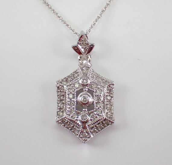 Antique Style Diamond Pendant and Chain - 14K White Gold Cluster Drop Necklace - Unique Wedding Fine Jewelry Gift