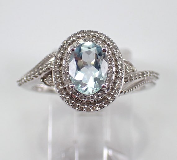 White Gold Aquamarine Engagement Ring - Dainty Diamond Halo Setting - Aqua Marine March Gemstone Jewelry Gift