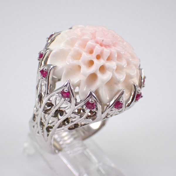 Vintage Sterling Silver Coral Ring - Large Estate Gemstone Flower Band - Ruby Petal Carved Right Hand Jewelry
