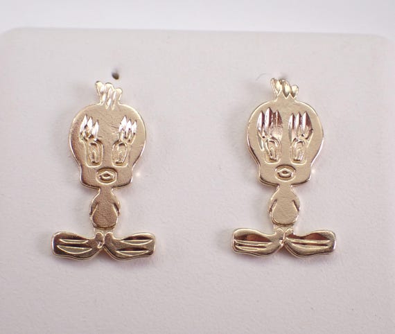 Vintage 14K Yellow Gold Tweety Bird Earrings - Dainty Girls Cartoon Character Studs
