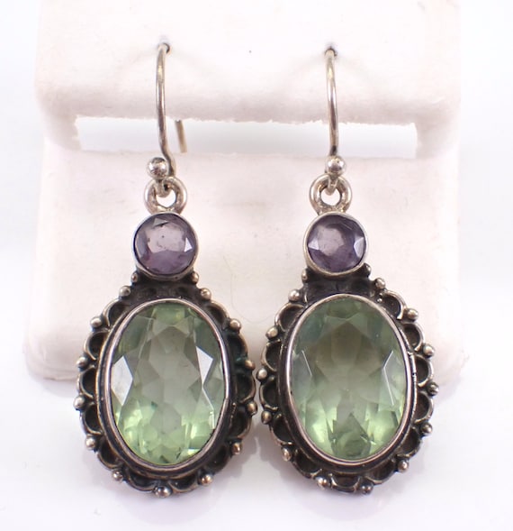 Sterling Silver Vintage Dangle Earrings - Unique Green Amethyst Gemstone Drops on Kidney Wire - Prasiolite and Iolite Jewelry