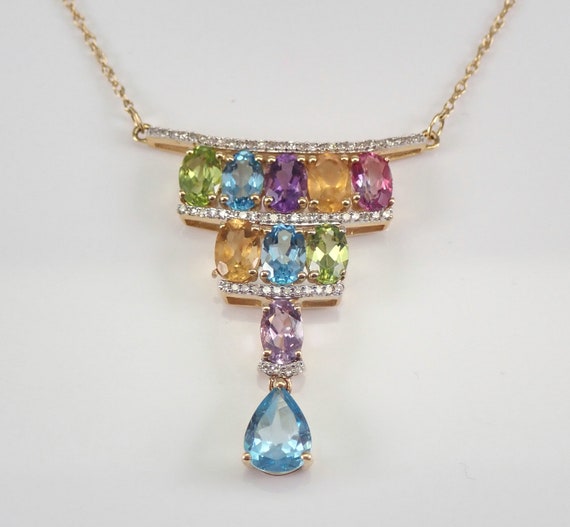 Multi Color Gemstone Necklace - 14K Yellow Gold Pendant Chain - Topaz Citrine Amethyst Peridot