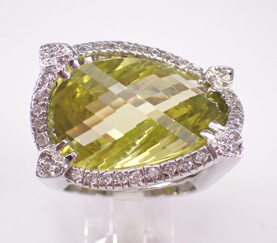 Large Sterling Silver Lemon Quartz Ring - Chunky Gemstone and Cubic Zirconia Band