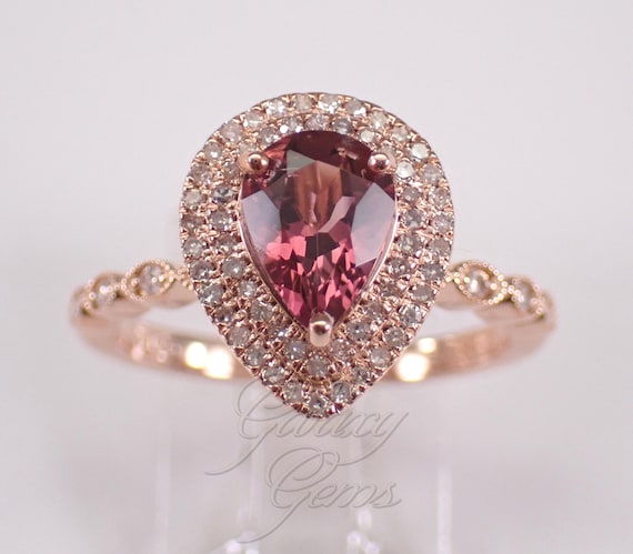Rose Gold Pink Tourmaline and Diamond Engagement Ring: Dainty Teardrop Halo Bridal Promise Gift