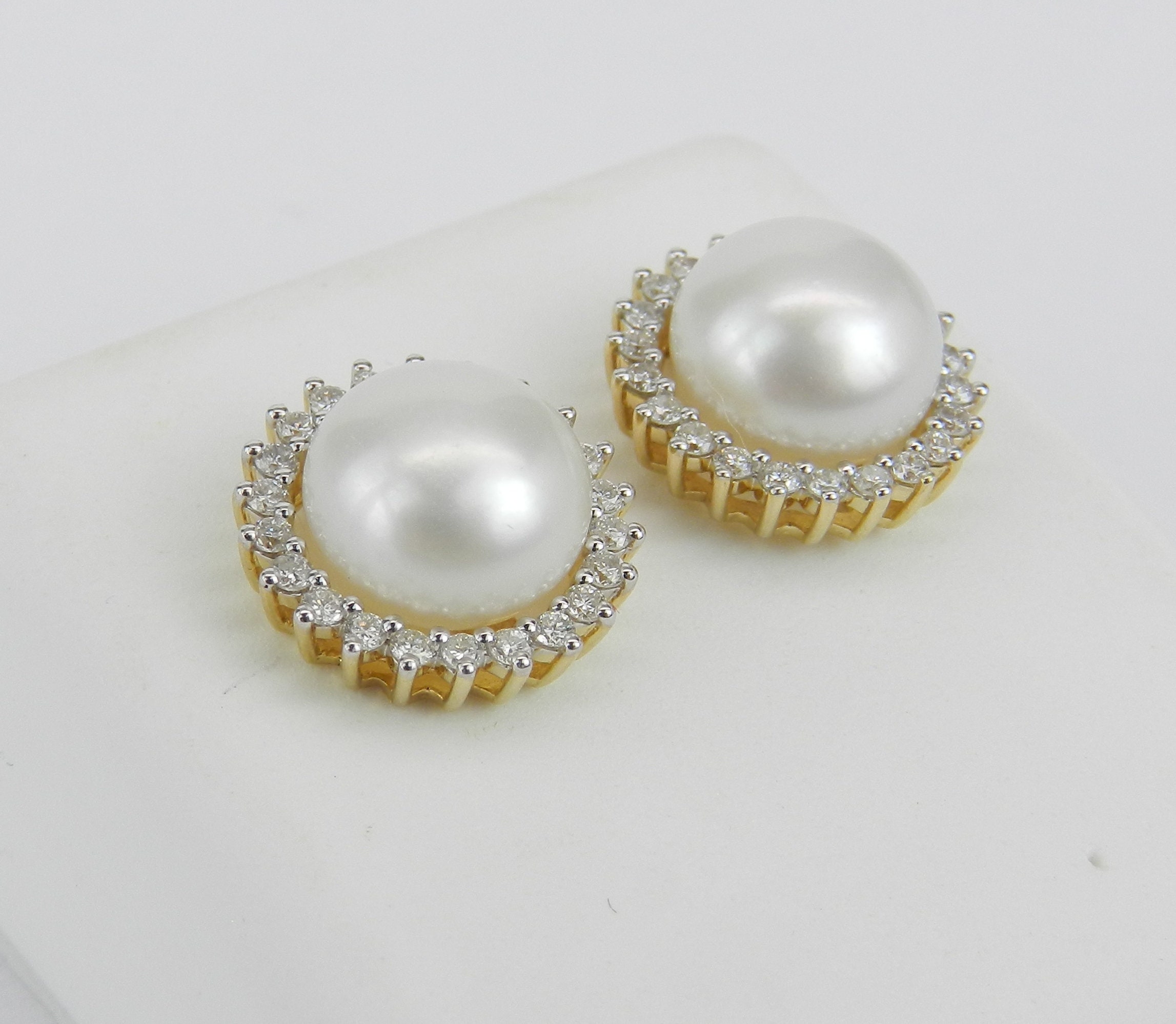 Pearl and Diamond Halo Stud Earrings 14K Yellow Gold June Birthstone ...