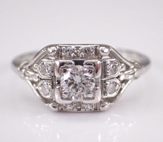 Antique Platinum Diamond Engagement Ring: Dainty Art Deco Filigree Setting - Bridal Promise Fine Jewelry Gift