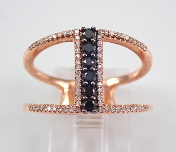 Black Diamond Bridge Ring - Rose Gold Double Row Anniversary Band - Unique Colored Diamond Jewelry Gift