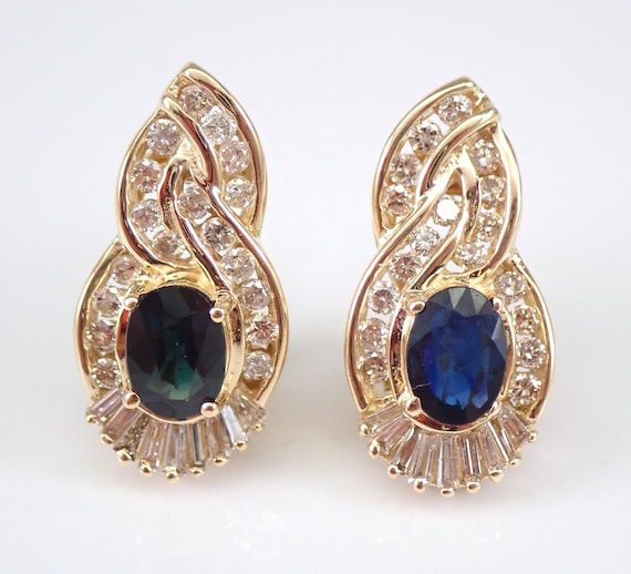 Vintage Large Sapphire Earrings - 14K Yellow Gold Round and Baguette Diamond Setting - Secure Omega Clasps