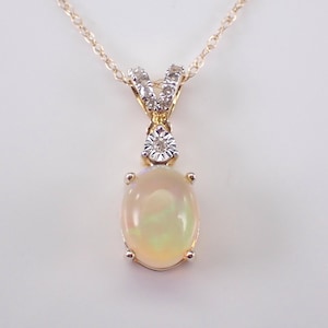 Opal and Diamond Charm Necklace - Solid Yellow Gold Pendant and Chain - October Gemstone Jewelry Gift