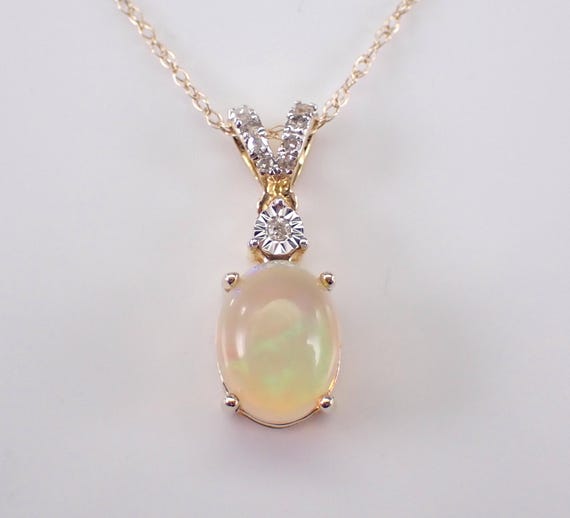 Opal and Diamond Charm Necklace - Solid Yellow Gold Pendant and Chain - October Gemstone Jewelry Gift