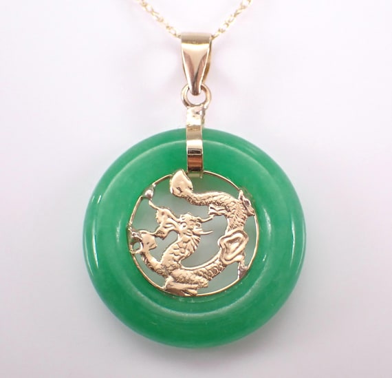 14K Yellow Gold Jade Pendant and Chain - Round Donut Dragon Charm Necklace - Unique Asian Gemstone Fine Jewelry Gift