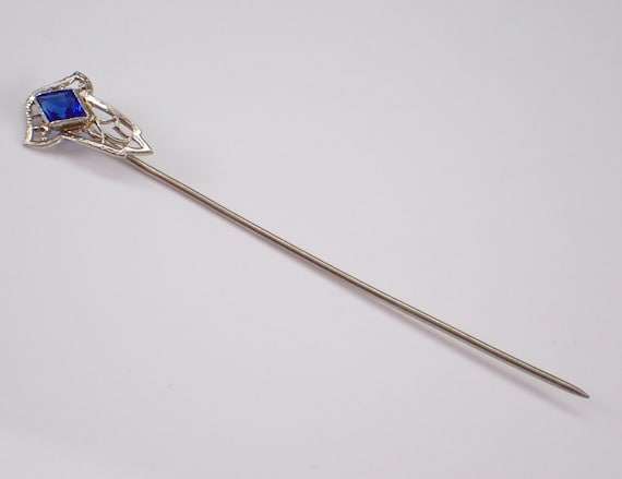 Antique White Gold Sapphire Stick Pin - Art Deco Filigree Gemstone Brooch - 1920s Genuine Fine Jewelry Gift