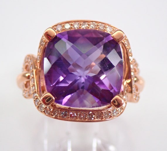 Amethyst and Diamond Engagement Ring - Solid Rose Gold Cushion Cut Halo Ring - February Gemstone Jewelry for Her