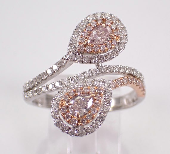 14K White Pink Diamond Crossover Ring, Unique Fancy Halo Bypass Cluster Band, GalaxyGems Fine Jewelry Gift