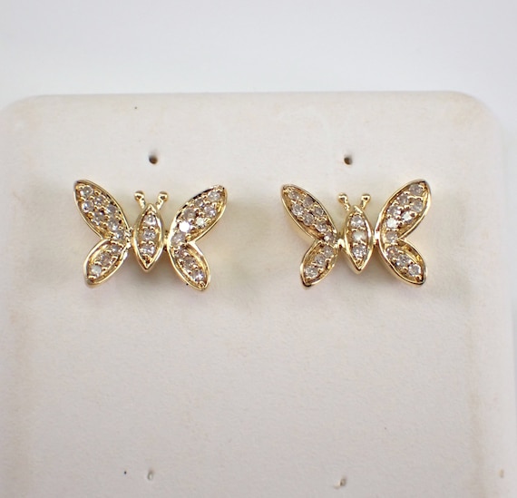 Diamond Butterfly Earrings - Yellow Gold Cluster Studs - Birthday Graduation Gift for Daughter