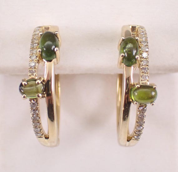 Green Tourmaline and Diamond Hoop Earrings - Yellow Gold Double Row Gemstone Hoops