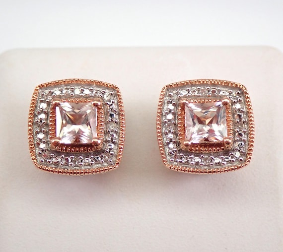 Morganite and Diamond Stud Earrings - Rose Gold Square Halo Drops - Unique Gemstone Fine Jewelry Gift